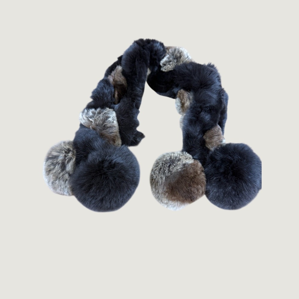 Vintage Real Rabbit Fur Scarf/Muffler with Pom Poms Women's 25" Long, 4" Wide.